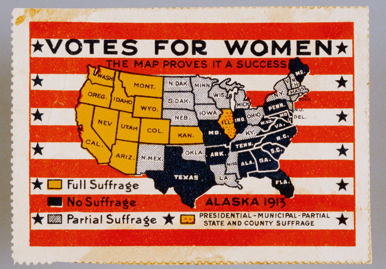 "Votes for Women" poster stamp showing a map of the US indicating each state's position on suffrage in 1913.