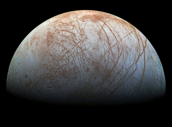 A new mosaic made from images taken by NASA's Galileo spacecraft in the late 1990's is shown of the surface of Jupiter's icy moon, Europa.