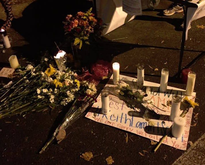 Protesters left flowers and candles in memory of Kenneth Lamont Scott who was killed by Charlotte-Mecklenburg Police on Tuesday, September 20, 2016.