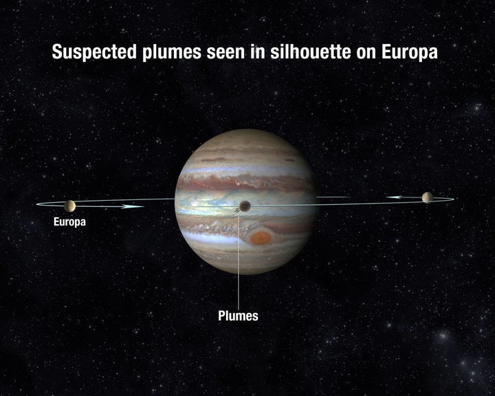 Europa orbits Jupiter every 3 and a half days. When it passes in front of Jupiter, it is more likely to see the plumes as silhouettes absorbing the background light of Jupiter.