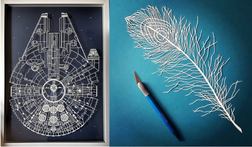 A cutout of the Millennium Falcon, a spacecraft featured in Star Wars, is seen left of a paper feather and an X-Acto knife that's used to cut the paper.