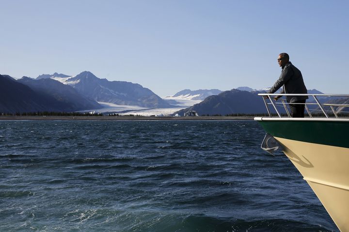 U.S. President Barack Obama views Bear Glacier on a boat tour of Kenai Fjords National Park in Seward, Alaska September 1, 2015.