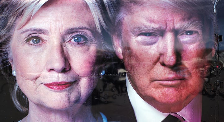 A backdrop of U.S. Democratic presidential nominee Hillary Clinton and her Republican counterpart Donald Trump at the Hofstra University, in Hempstead, New York.