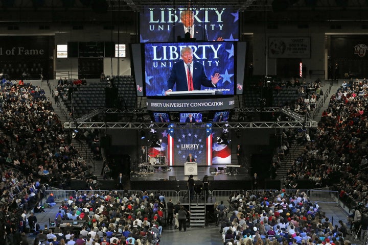 Republican presidential candidate Donald Trump speaks on the campus of Liberty University on January 18, 2016. Liberty is a non-profit, private Christian university that was founded in 1971 by evangelical Southern Baptist televangelist Jerry Falwell.