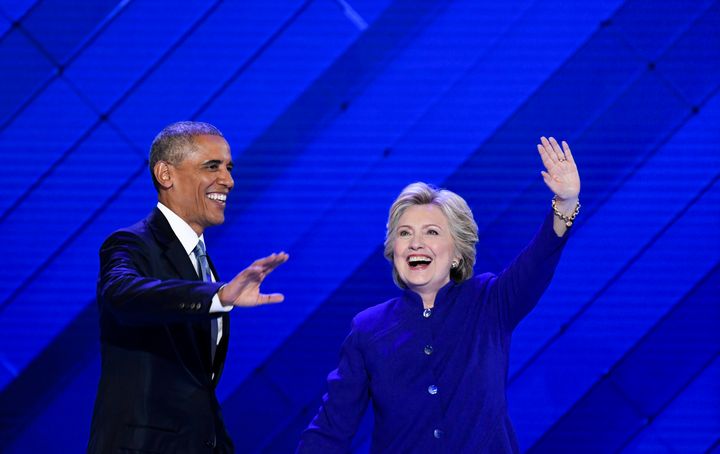 Hillary Clinton joins President Barack Obama on stage after his speech to the Democratic National Convention on July 27, 2016. She has differed with him on Syria policy.