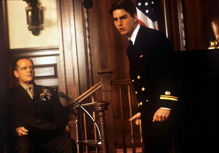 American actor Jack Nicholson playing the role of a colonel and American actor Tom Cruise playing the role of a lawyer acting in the film A Few Good Men.