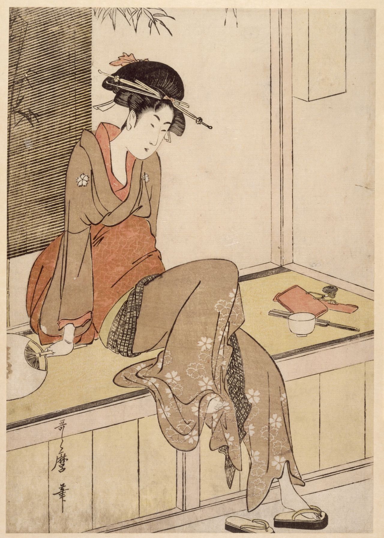 Kitagawa Utamaro, "Young woman getting air on a porch<em>," </em>Edo Period, 1603-1868