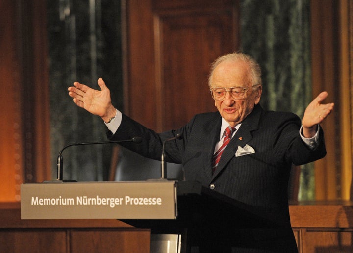 Former chief prosecutor Benjamin Ferencz addresses guests during the inauguration of the new information and documentation ce