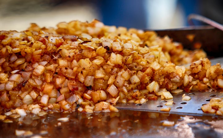 Hash browns on a flat top.