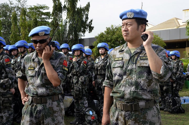 One-hundred and thirty Chinese peacekeeping troops, the last detachment of the country's first deployment of a full infantry battalion for a U.N. peacekeeping mission, arrive at Juba Airport on April 8, 2015.