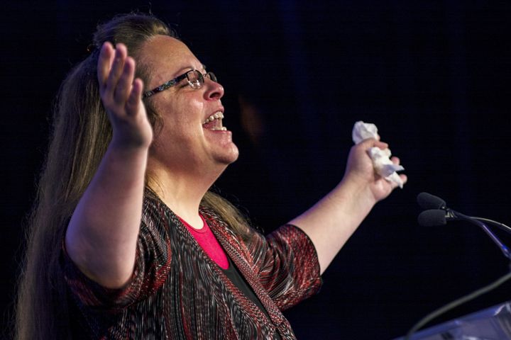 Kentucky's Rowan County Clerk Kim Davis, who was jailed for refusing to issue marriage licenses to same-sex couples, makes remarks after receiving the "Cost of Discipleship" award at a Family Research Council conference in Washington September 25, 2015.