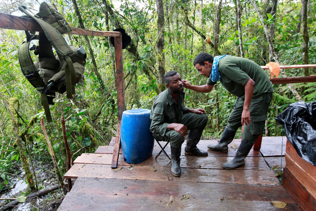 Members of the 51st Front of the FARC have a haircut and a beard shave at a camp in Cordillera Oriental. Aug 16.