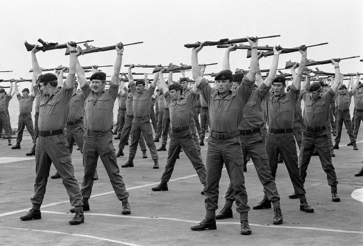 40 Royal Marine Commandos from A Company on the deck of HMS Hermes