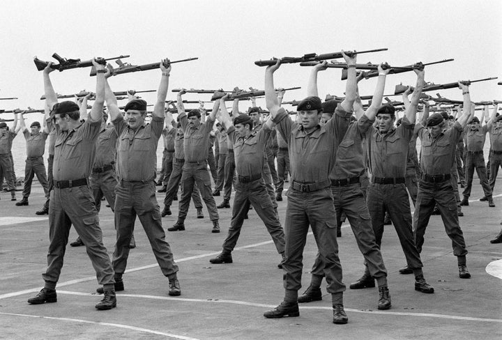 40 Royal Marine Commandos from A Company on the deck of HMS Hermes