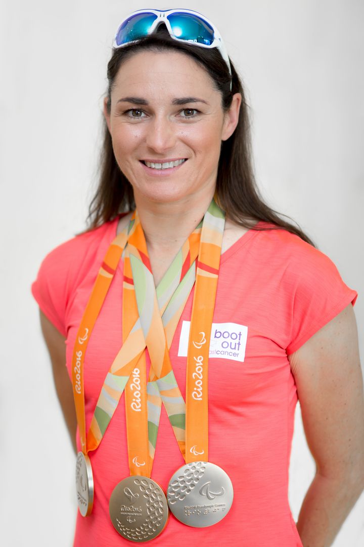 Sarah Storey proudly sporting her gold medals, wearing adidas Sport Eyewear. 