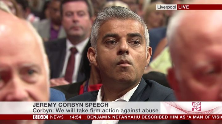 Sadiq Khan looked blank-faced after Jeremy Corbyn congratulated him on winning the London mayoralty 