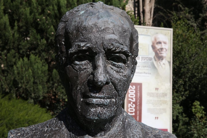 A bronze chest statue of late Israeli ex-president and Nobel Peace Prize winner Shimon Peres in the gardens of the President's Residence in Jerusalem.