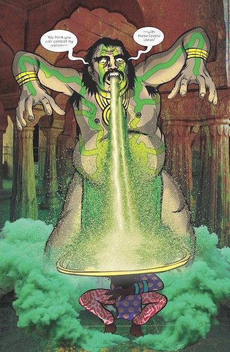 In the comic book, a demon king spews out acid and traps his victims in his castle.