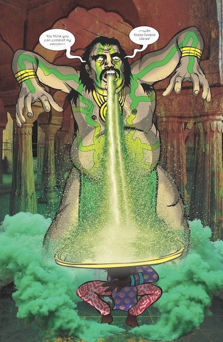 In the comic book, a demon king spews out acid and traps his victims in his castle. 