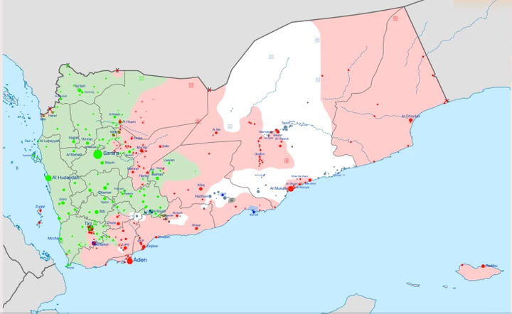 Green - controlled by Revolutionary Committee ; Red - controlled by Hadi-led government and the Southern Movement ; light grey - controlled by Ansar al-Sharia / AQAP forces; dark grey - controlled by the Islamic State of Iraq and the Levant (ISIL) and blue - controlled by local, non-aligned forces like the Hadhramaut Tribal Alliance 