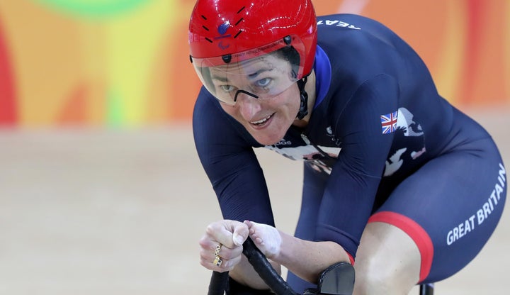 Sarah Storey competing in the women's C5 3,000m individual pursuit track cycling. 