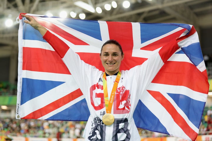 Storey celebrates winning the women's C5 3,000m individual pursuit track cycling.