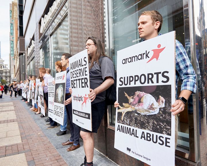 Demonstrators gathered outside Aramark's headquarters in Philadelphia, Pa., on Tuesday to protest the company's treatment of broiler chickens.