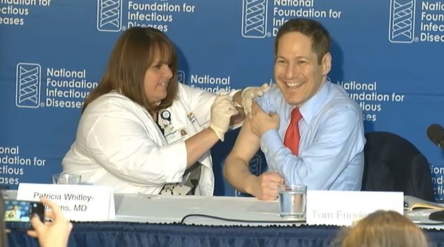 Dr. Tom Frieden gets his flu shot at the 2016 flu vaccine press conference as he does every year. "I didn't even feel it!" Frieden said. "Truthfully." 