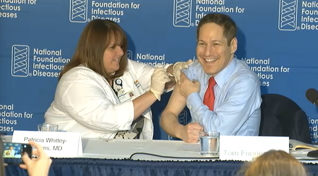 Dr. Tom Frieden gets his flu shot at the 2016 flu vaccine press conference as he does every year. "I didn't even feel it!" Frieden said. "Truthfully."