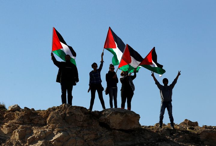 Palestinian activists wave flags during a protest in the West Bank village of Al-Eizariya, Feb. 13, 2014.