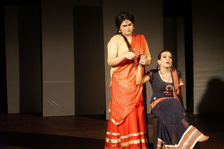 Khawaja siras Sunny (left) and Lucky (right) acting in a scene together in the documentary theater play, Teesri Dhun (or Third Tune). The show highlights trans women realities in Pakistan.