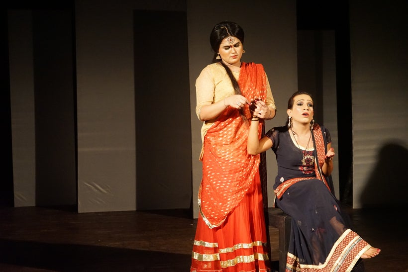 Khawaja siras Sunny (left) and Lucky (right) acting in a scene together in the documentary theater play, Teesri Dhun (or Thir