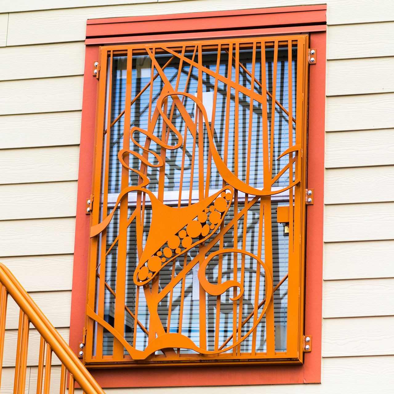 These emergency shelter security window grilles were designed and fabricated by architect Jennifer Weddermann for YWCA Pierce County in Tacoma, Washington.