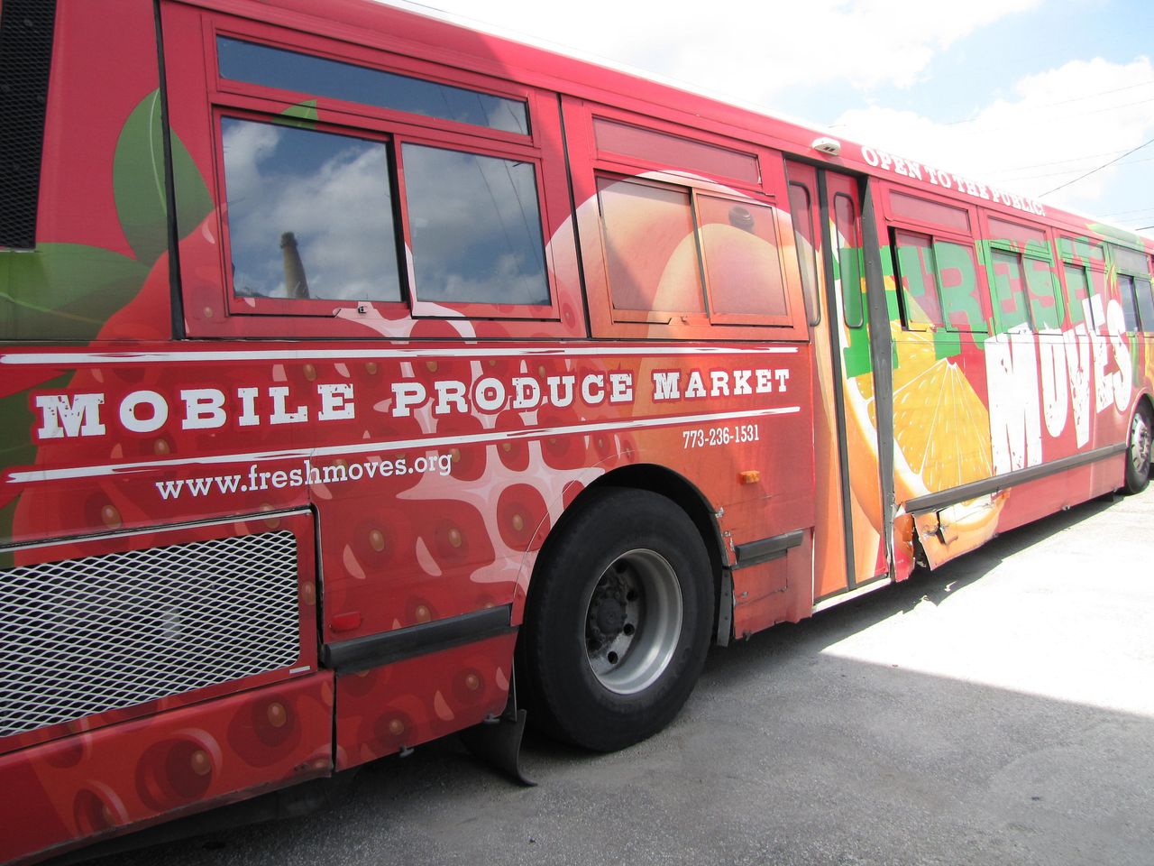 One of the early Fresh Moves mobile farmer’s markets, installed in a decommissioned public bus.