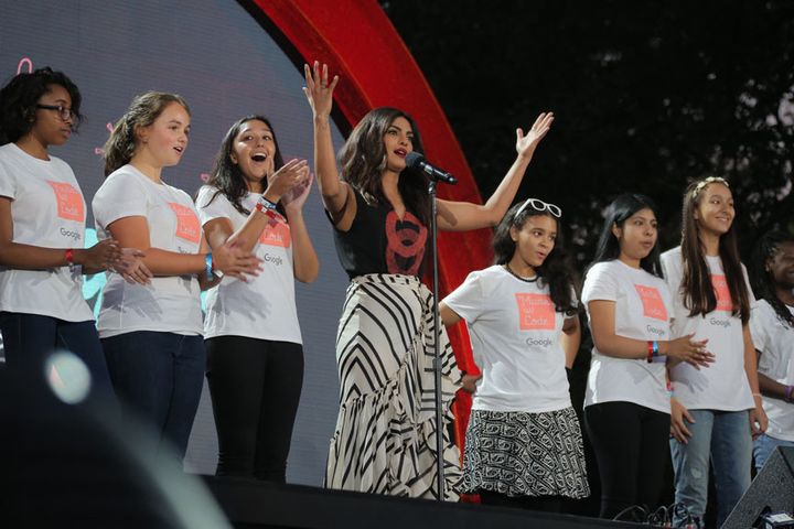 Priyanka Chopra on stage with the girls of Made with Code