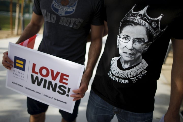 A man wears a T-shirt showing U.S. Supreme Court Justice Ruth Bader Ginsburg as "Notorious R.B.G." at a celebration rally in West Hollywood, California, on June 26, 2015.