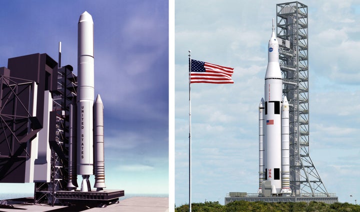 Designed in the 1990s, Magnum (left) was a heavy lift NASA rocket based on existing space shuttle technologies that could have hauled about 80 metric tons of cargo to low-Earth orbit. Two decades later, the first SLS version (right) had a similar appearance and capabilities.