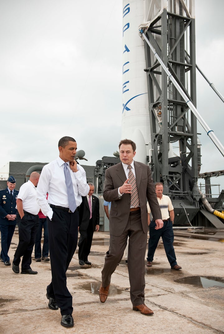 President Obama tours SpaceX's Cape Canaveral launch facilities in April 2010, where a Falcon 9 rocket was being prepared for