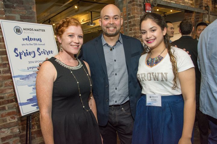 Rocio Pepen (right) with Minds Matter alum at the organization's 12th annual spring soiree--a key fundraiser for the program.