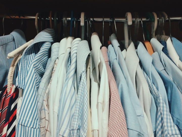 An example of a closet that's overcrowded. A quarter of an inch of space on each side of the hanger is optimal.