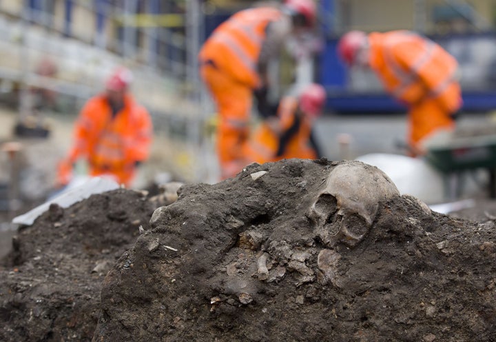 A human skull found during excavation work at the Bedlam burial ground in London on March 17, 2015.