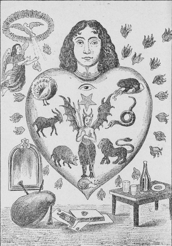 "An allegorical image depicting the human heart subject to the seven deadly sins, each represented by an animal."