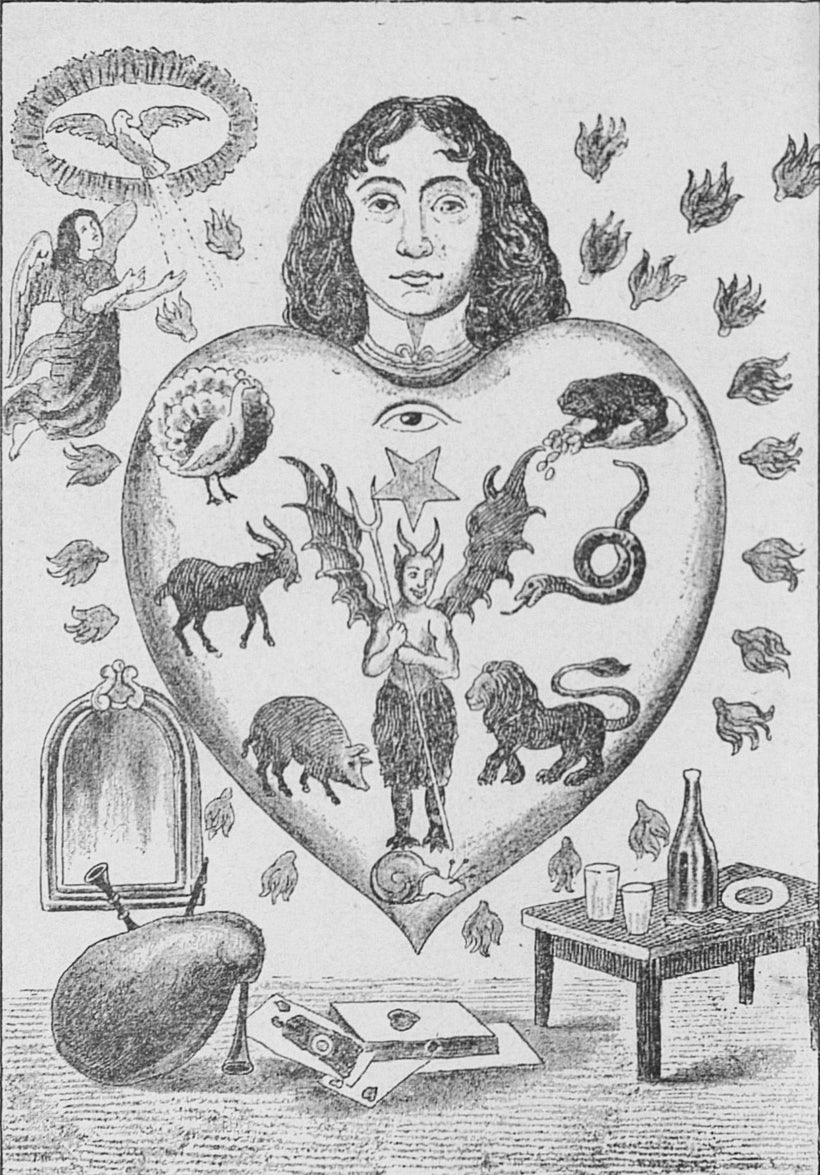 "An allegorical image depicting the human heart subject to the seven deadly sins, each represented by an animal."