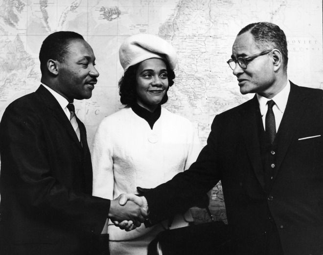 1964 Nobel Peace Prize Recipient, Dr. Martin Luther King, his wife Coretta and 1950 Nobel Peace Prize Recipient, Ralph Bunche in the United Nations in 1964