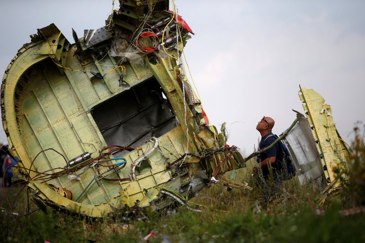 A Malaysian air crash investigator inspects the crash site of Malaysia Airlines Flight MH17, near the village of Hrabove (Gra