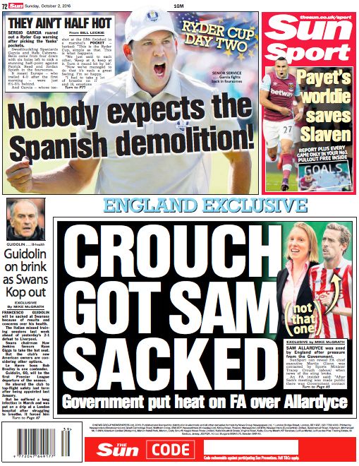 The Sun on Sunday's sports section splash: 'England exclusive - Crouch got Sam sacked'