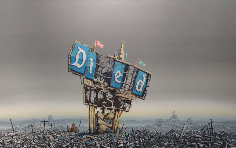 Jeff Gillette's Disneyland Sign "Died", in Crime on Canvas group show curated by M Modern.