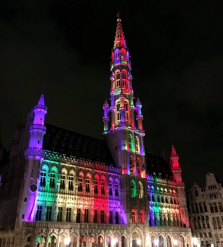 Grand Place of Brussels Lit with Pride