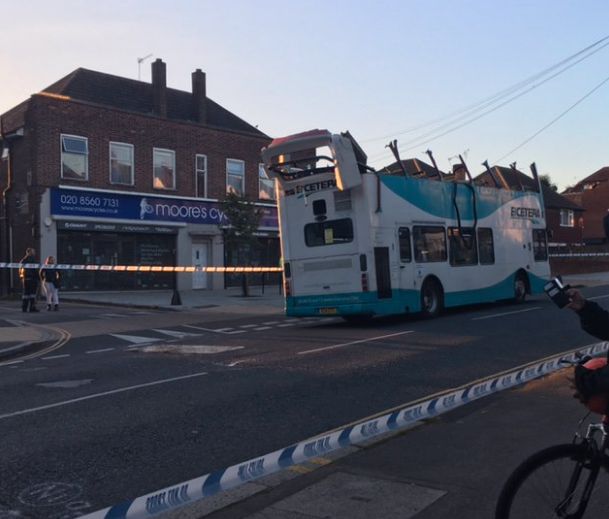 The roof of the bus was completely sheared off