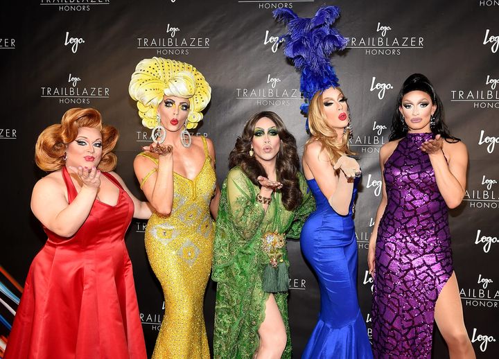 <strong>Phi Phi O'Hara (in green), poses with her fellow 'All Stars' competitors, Ginger Minj, Alyssa Edwards, Alaska Thunderfuck 5000 and Tatianna</strong>